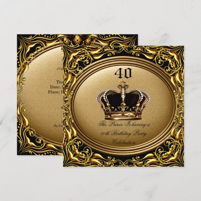 Invitación Príncipe Rey Oro Corona Negra Real Cumpleaños 3 (Anverso / Reverso)
