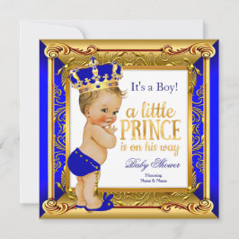 Invitación Príncipe Rubio Baby Shower Azul Falso Oro