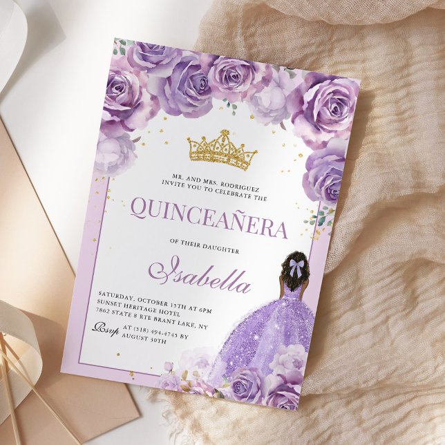 Invitación Príncipes de oro de la Quinceanera floral púrpura  (Subido por el creador)