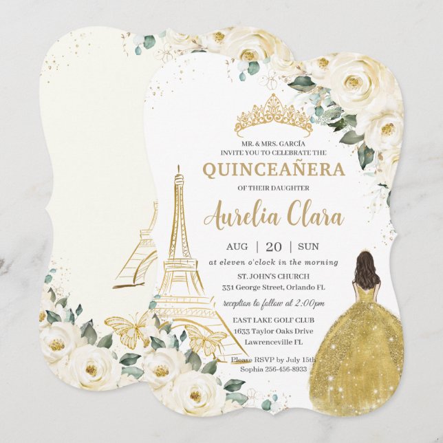 Invitación Príncipes de oro de París con flores blancas de ma (Anverso / Reverso)