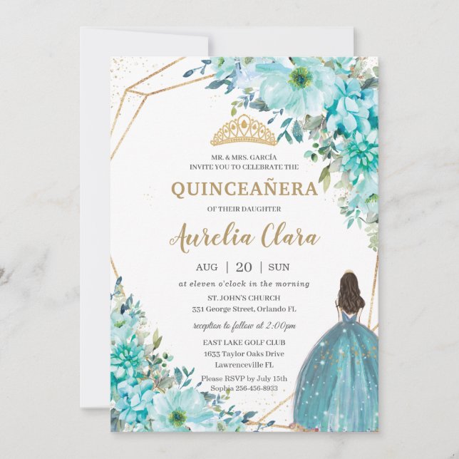 Invitación Príncipes de oro floral azul turquesa (Anverso)
