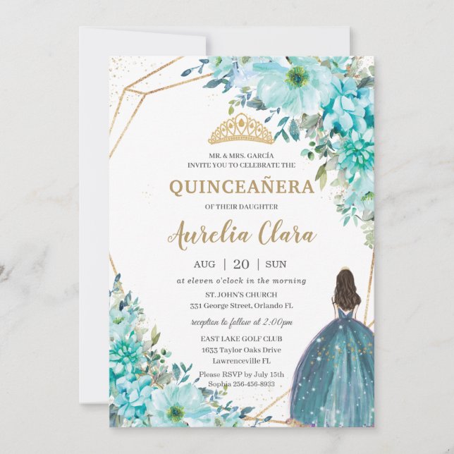 Invitación Príncipes de oro floral azul turquesa (Anverso)