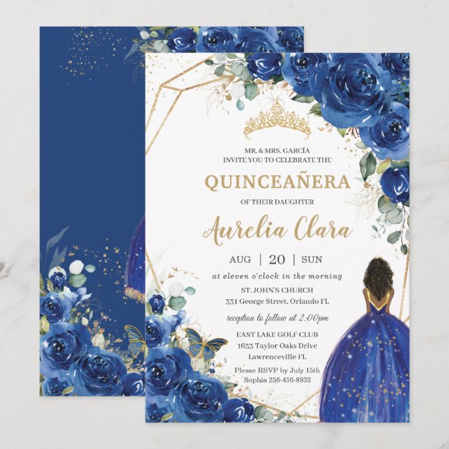 Invitación Príncipes florales azules reales de Quinceañera (Anverso / Reverso)