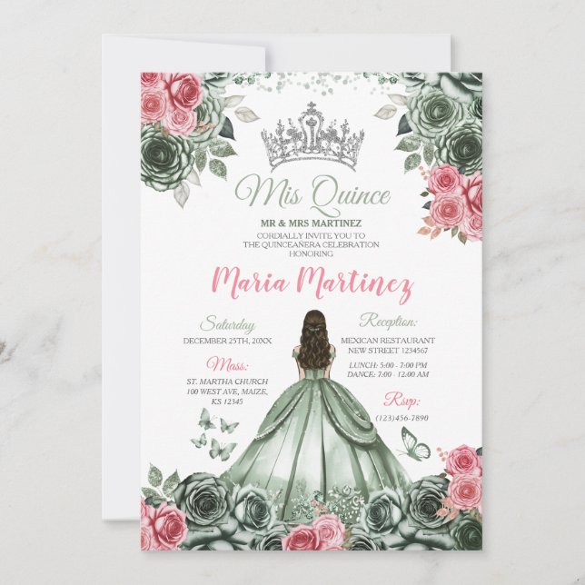 Invitación Príncipes Mis Quince verdes y rosas plateadas (Anverso)