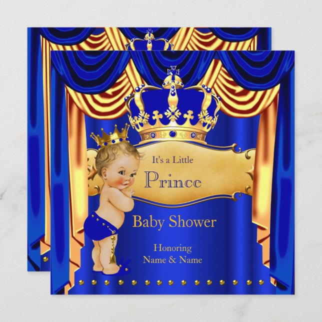 Invitación Príncipes reales Baby Shower Blue Gold Crown Blona (Anverso / Reverso)