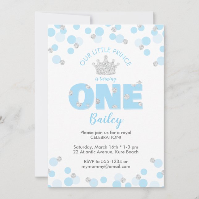 Invitación Principito Primer cumpleaños Luz Azul Plata (Anverso)