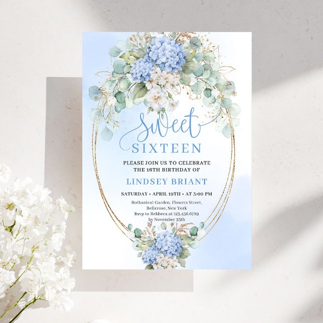 Invitación Printable Blue Floral Gold Sweet Sixteen Party (Printable Blue Floral Gold Sweet Sixteen Party Invitation)