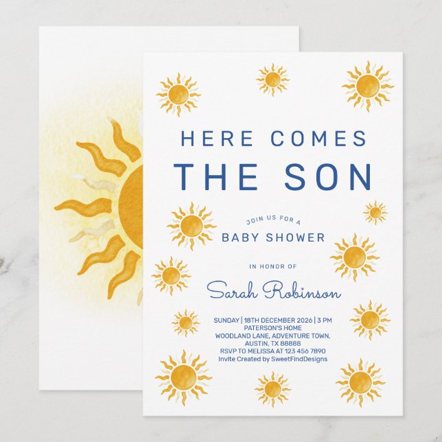 Invitación Printable Here Comes The Son Baby Shower (Anverso / Reverso)