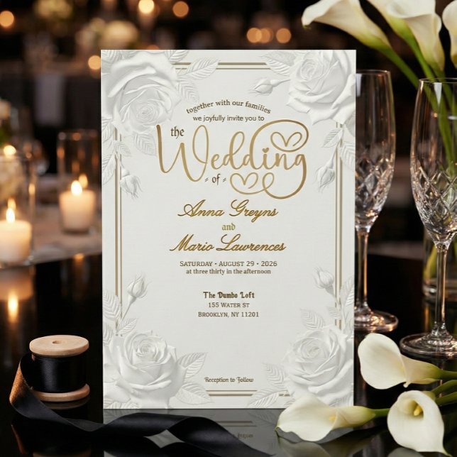 Invitación Printed Embossed White Rose Faux Gold Wedding  (Subido por el creador)