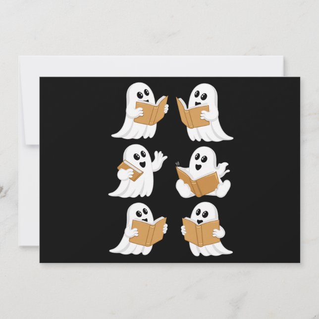 Invitación Profesor de Halloween Fantasma Leyendo Libros Bibl (Anverso)