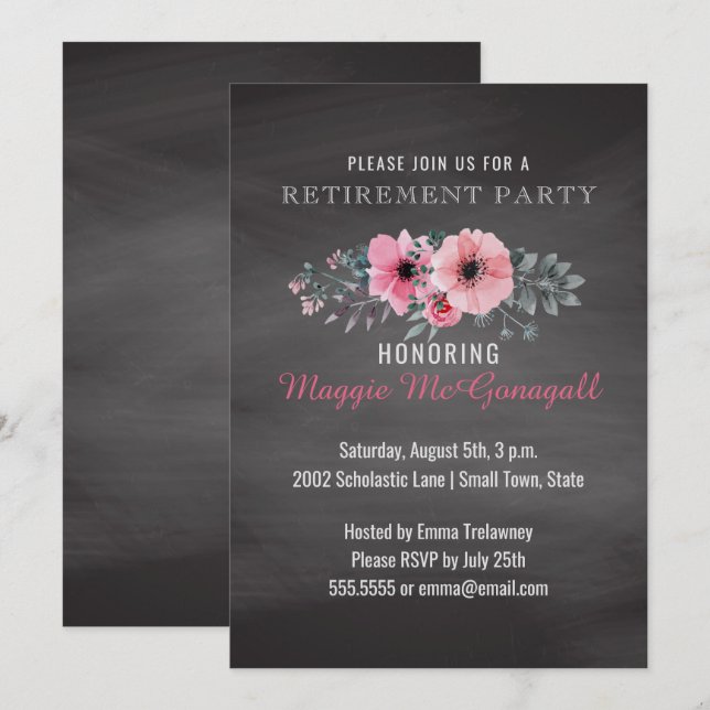 Invitación Profesor Fiesta de jubilaciones de pizarra floral  (Anverso / Reverso)