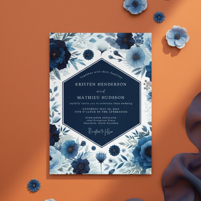 Invitación Profundo Florecer Botánico Azul Boda (Subido por el creador)