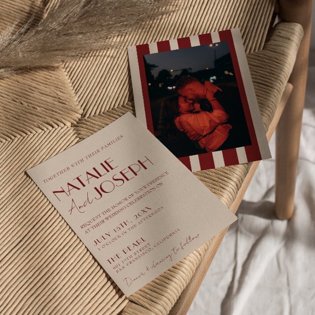 Invitación Profundo Rojo Azul Caprichoso Moderno Foto Boda (Subido por el creador)