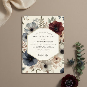 Invitación Profundo Romance Floral Azul Bodas