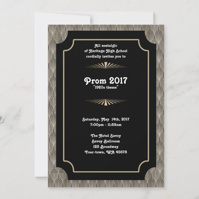 Invitación Prom con tema, negro y oro, gran Gatsby (Anverso)