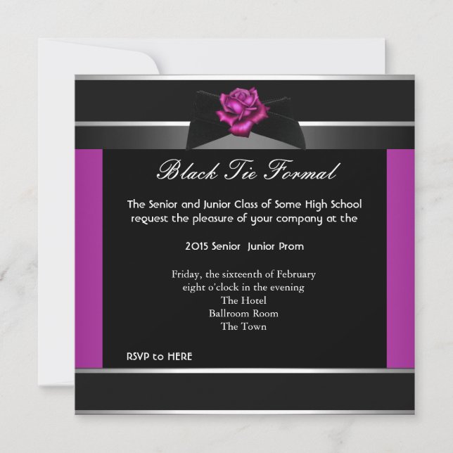 Invitación Prom High School Dance Formal Pink Black Tie (Anverso)
