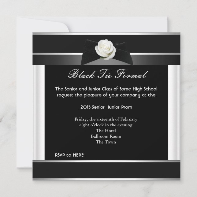 Invitación Prom High School Dance Formal White Black Tie (Anverso)