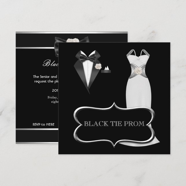 Invitación Prom High School Dance Formal White Black Tie (Anverso / Reverso)