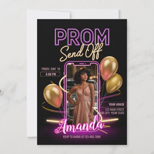 Invitación Prom moderna que despiden tono neón negro rosado (Anverso)