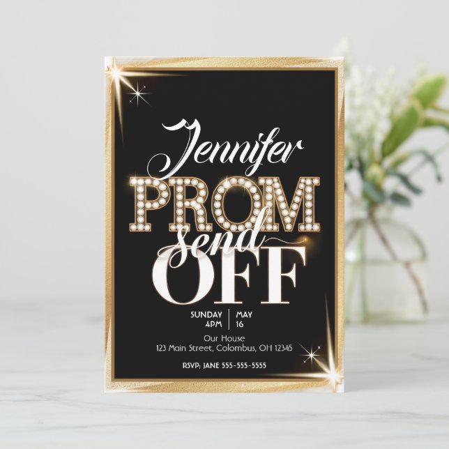 Invitación PROM personalizado SEND-OFF Elegante negro y oro (Anverso de pie)