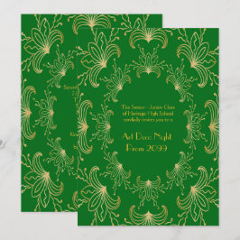 Invitación Prom Senior, Art Deco, Flores Estilizadas, esmeral