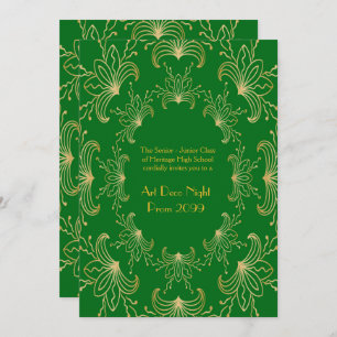 Invitación Prom Senior, Art Deco, Flores Estilizadas, esmeral