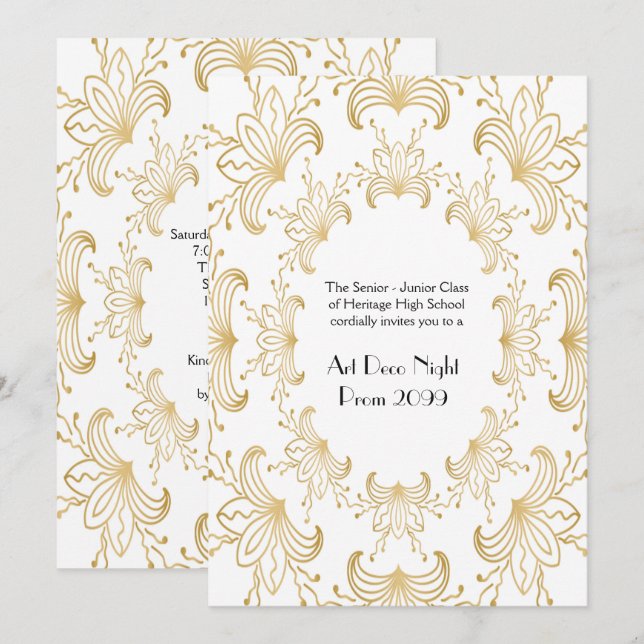 Invitación Prom Senior, Art Deco, Flores Estilizadas, oro bla (Anverso / Reverso)
