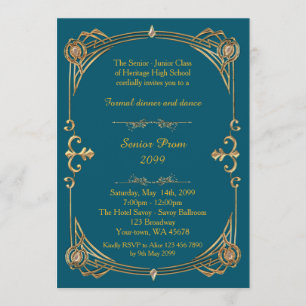 Invitación Prom senior, azul verde y oro, estilo Gatsby
