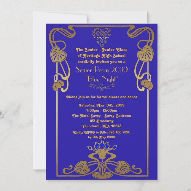 Invitación Prom senior, estilo Gatsby, azul y oro, monograma (Anverso)