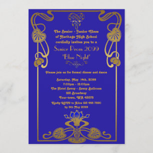 Invitación Prom senior, estilo Gatsby, azul y oro, monograma