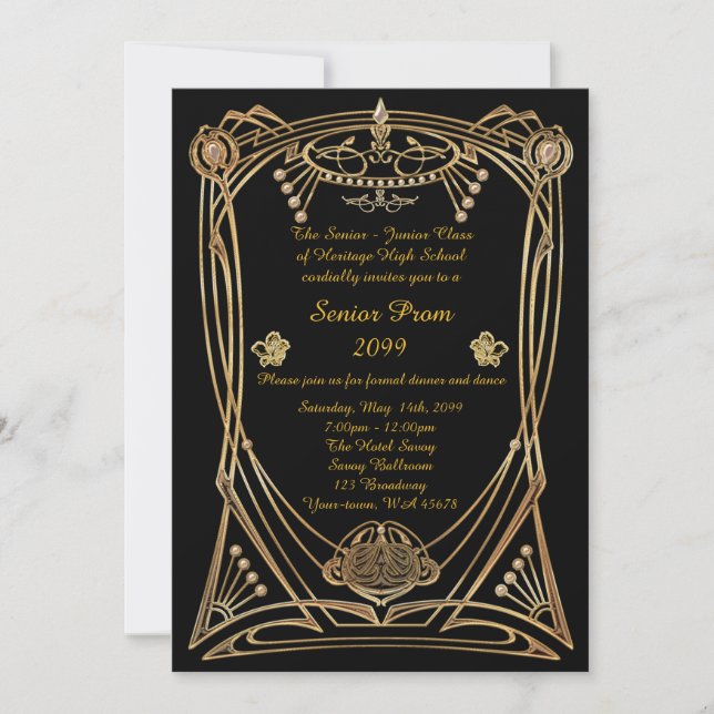 Invitación Prom senior, estilo Gatsby, negro y oro, monograma (Anverso)