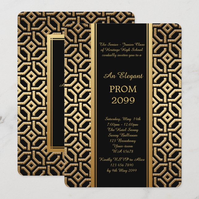 Invitación Prom Senior-Junior, Black Gold Emperador Geométric (Anverso / Reverso)