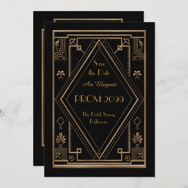 Invitación Prom Senior-Junior, Black Gold Geometric, Art Deco (Anverso / Reverso)