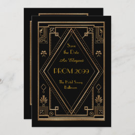 Invitación Prom Senior-Junior, Black Gold Geometric, Art Deco