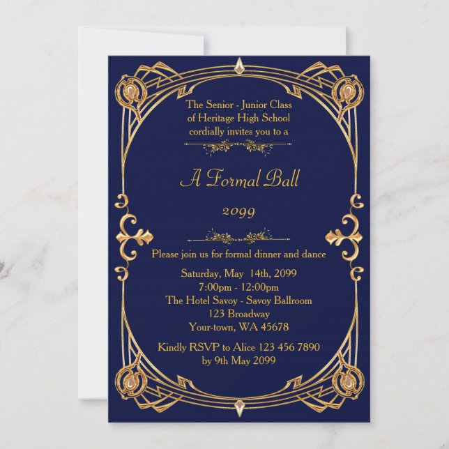 Invitación Prom senior junior, estilo Gatsby, art-deco, marin (Anverso)