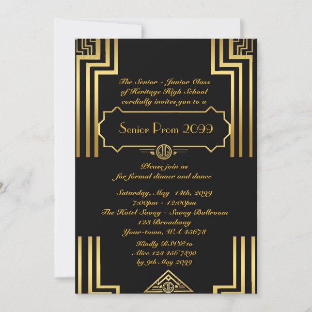 Invitación Prom senior junior, estilo Gatsby, art-deco, negro (Anverso)