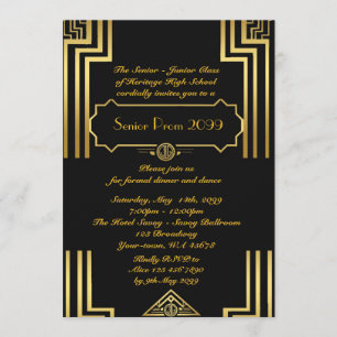 Invitación Prom senior junior, estilo Gatsby, art-deco, negro