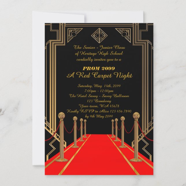 Invitación Prom Senior-Junior, estilo Gatsby, Red Carpet Nigh (Anverso)