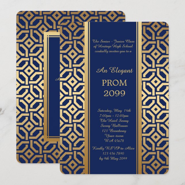 Invitación Prom Senior-Junior, Geométrica Navy Gold (Anverso / Reverso)
