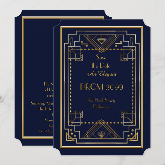 Invitación Prom Senior-Junior, Marina, Geométrica de Oro, Art (Anverso / Reverso)