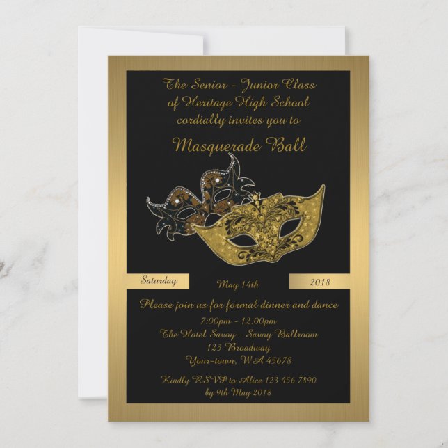Invitación Prom Senior-Junior, negro, máscara de mascarada pa (Anverso)