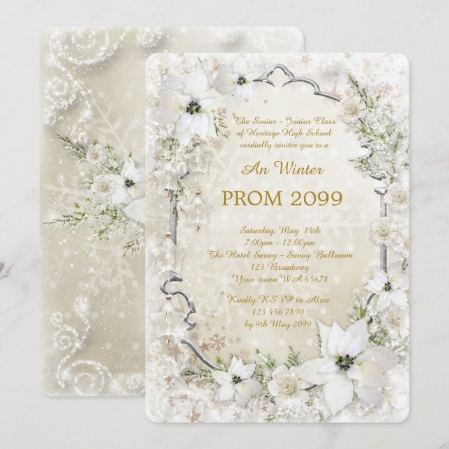 Invitación Prom Winter Senior-Junior, blanco Gold, plata (Anverso / Reverso)