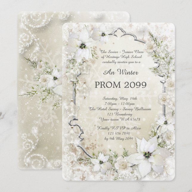Invitación Prom Winter Senior-Junior, blanco, plata, moda (Anverso / Reverso)