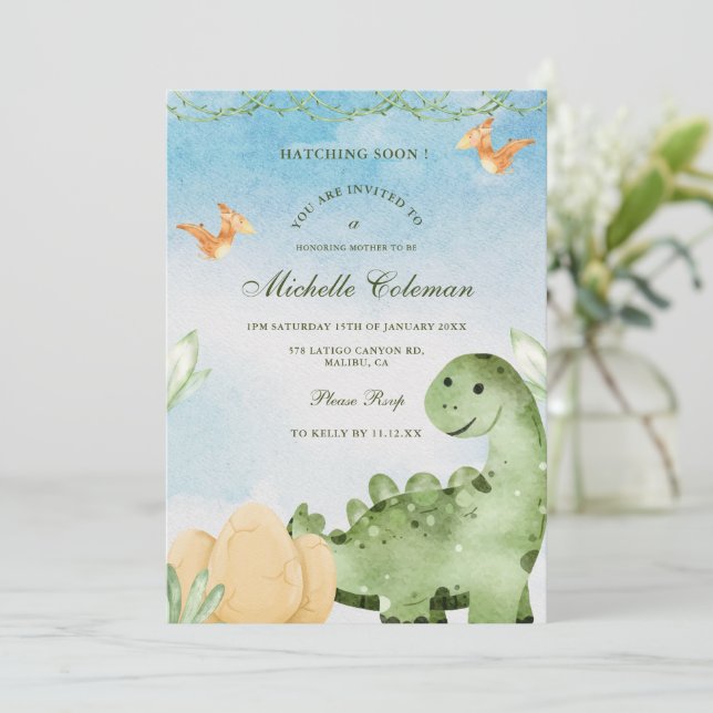 Invitación pronto a Baby Shower a Dinosaur Hatchin (Anverso de pie)