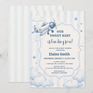 Invitación Pronto aterrizaje avioncito azul Baby Shower