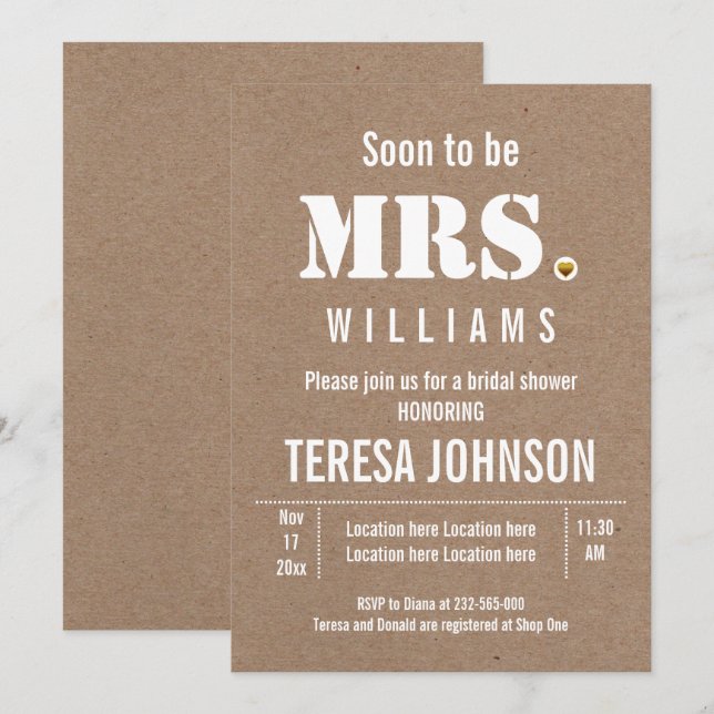 Invitación Pronto será la Sra. Kraft boda de papel ducha de n (Anverso / Reverso)