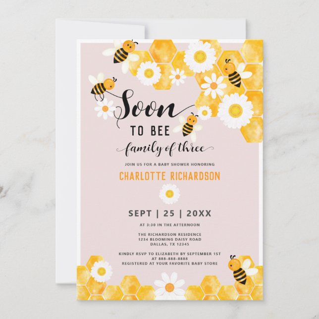 Invitación Pronto Serán Familia De Tres Bumble Abejas Baby Sh (Anverso)