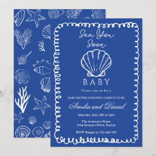 Invitación Pronto te vere azul Mano Dibujada Oceano Concha de