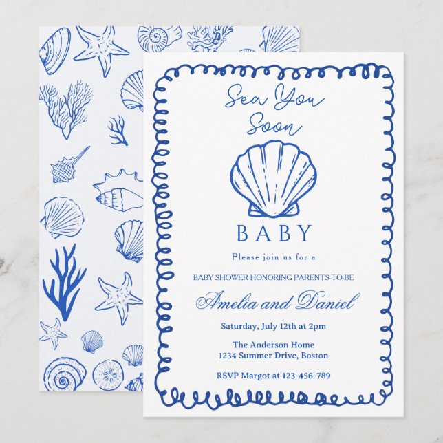 Invitación Pronto Verás el Mar Azul Mano Dibujada Concha de M (Anverso / Reverso)