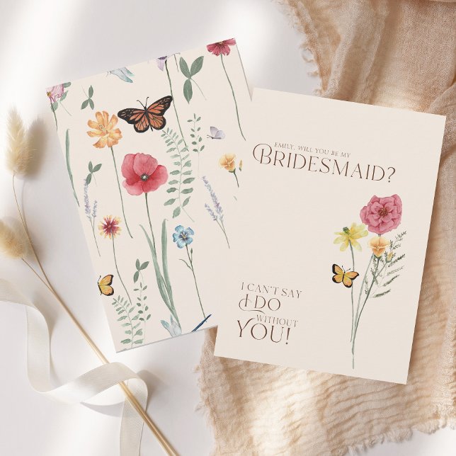 Invitación Propuesta caprichosa de la mariposa de flores silv (Simple Colorful Wildflower Floral Wedding Be My Bridesmaid Proposal Card)
